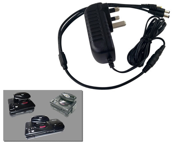 Regulated 3-in-1 power supply for Sega Mega Drive/Genesis model 1 + Mega CD + 32X with UK plug