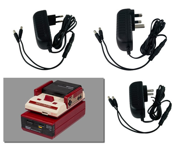 EU, US and UK plug regulated power supplies for Nintendo Famicom+Disk System