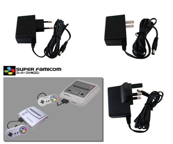EU, US and UK plug regulated power supplies for Nintendo Super Famicom