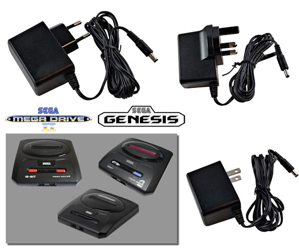 EU, US and UK plug regulated power supplies for Sega Mega Drive 2 and Genesis 2